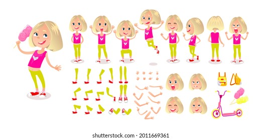 Animated Cartoon Character. Young Girl Character Constructor Set Face Emotions, Lip Sync, Poses And Emotions For Animation Or Illustration. Cartoon Girl Creation Mascot Kit