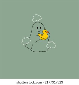 Animated Cartoon Cute Ghost Icon Holding A Stuffed Duck