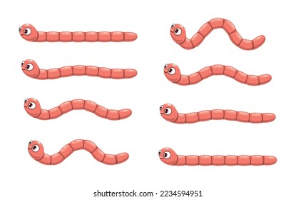 Animated cartoon funny worm. Animation of crawl earthworm. Happy animal movement stages or frames, earth worm funny vector character. Cute earthworm isolated personage animation motion sequence loop