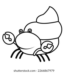 Animated cartoon hermit crab in black outline vector illustration for kids ocean drawing   coloring book isolated white background