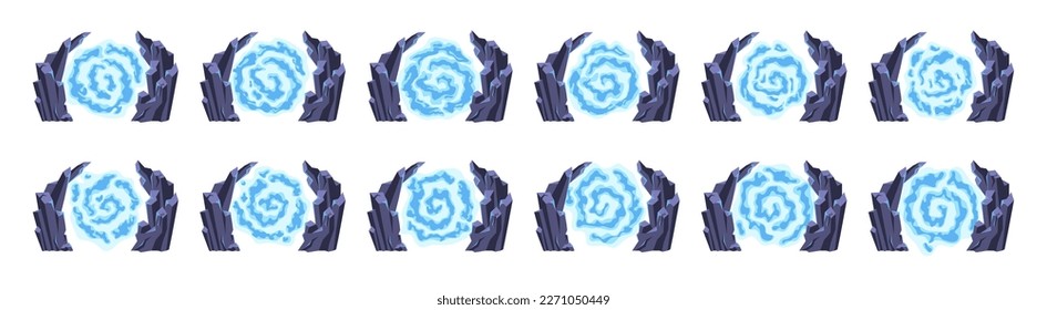 Animated cartoon portal. Magic teleport, rotating vortex spiral gate to another world and fantasy game sprite sheet of animation frames vector illustration set. Entrance with stones for traveling