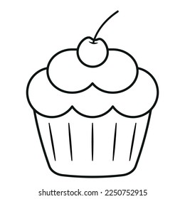 Animated Cartoon Simple Cupcake Icon Logo with and Cherry on Top for Kids Drawing, Coloring, Painting, Print and Sticker Isolated on White Background