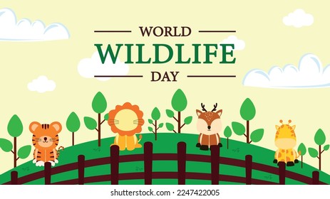 Animated Cartoon World Animal Day for World Wildlife, Environment, Wetlands, Welfare, Conservation Animal Background Banner Illustration with Flora and Fauna