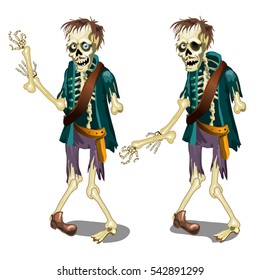 Animated cartoon zombie falling apart in parts of the body. Smiling and sad skeleton isolated on white background. Amputation of the limbs of the monster. Severed arm. Vector illustration close-up.
