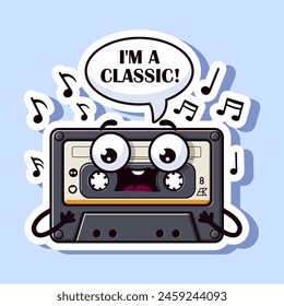 An animated cassette tape with a face saying IM A CLASSIC. surrounded by musical notes, Vector illustration, light blue background, concept of retro music nostalgia. Vector illustration