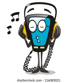 Animated cellphone listening music with headphones and whistling