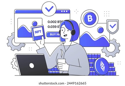 Animated character with headphones using a laptop, displaying cryptocurrency symbols and an NFT, on a light background, concept of digital assets. Modern flat outline vector illustration