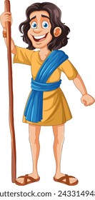 Animated character in historical clothing with staff