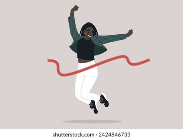 An animated character with a joyful expression crosses the finish line with arms raised in a victorious leap, embodying the ecstasy of success
