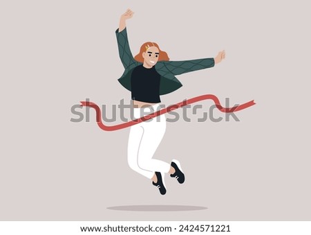 An animated character with a joyful expression crosses the finish line with arms raised in a victorious leap, embodying the ecstasy of success