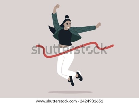 An animated character with a joyful expression crosses the finish line with arms raised in a victorious leap, embodying the ecstasy of success