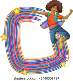 Animated character jumping with colorful abstract background