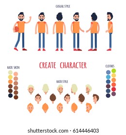 Animated character man full length in jeans and t-shirt. Vector poster of moving boy, colored hairstyles,, emotions on faces, choose your skin color and cloth and type of hairstyle in cartoon design