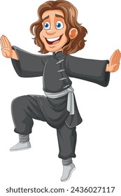Animated character practicing martial arts happily.