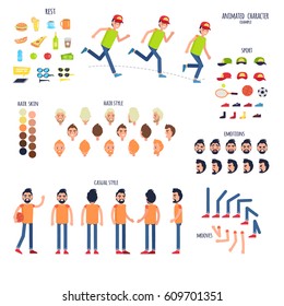 Animated character set human body parts and rest things. Vector poster of moving boy signs, sport equipment, colored hairstyles, bent arms and legs, emotions on faces and man in casual clothes