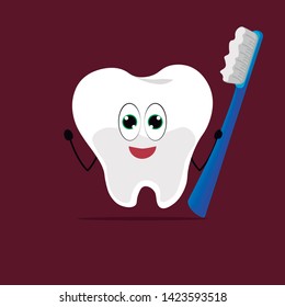 Animated character of a shiny and healthy molar tooth with its toothbrush. vector, illustration.