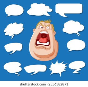 Animated character surrounded by various speech bubbles