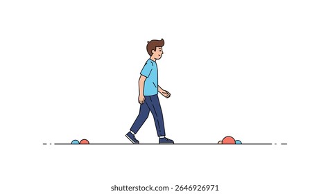 Animated Character Walking Through Stones and Rocks on a Flat White Background