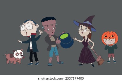 PERSONAJES ANIMADOS PARA LA FIESTA DE HALLOWEEN - DRÁCULA, FRANKENSTEIN, BRUJA Y CALABAZA - DISFRAZADO