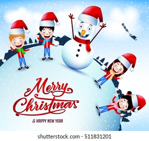 Animated Characters Playing Snow Outdoor On Christmas Season Vector Illustration
