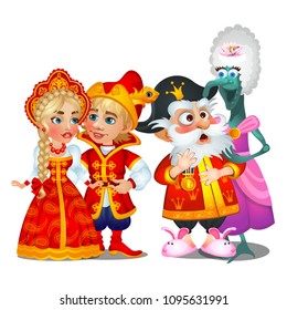 Animated characters of Russian folk tales isolated on white background. Vector cartoon close-up illustration.