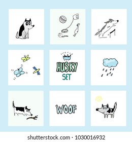 Animated characters of the Siberian husky. Care, care. For children. Notebooks, cards, labels, diaries, accessories-school, stickers, t-shirts, banners, tags