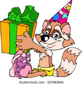  The animated cheerful raccoon sits in a cap. In paws he holds a gift box with a ribbon and knot.