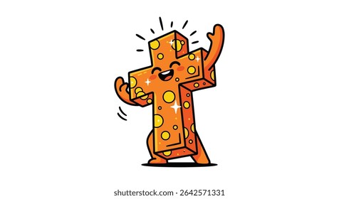 Animated Cheese Block Character Expressing Excitement Joyful Expressions with Sparkles Cartoon Style Design