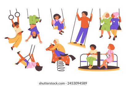 Animated children and adults enjoy playground activities, showcasing swings and spring riders in a dynamic vector illustration