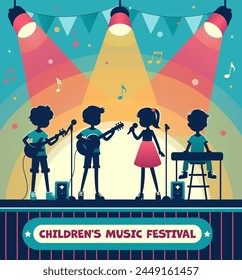 Niños animados actuando en un festival de música, ilustración vibrante sobre un fondo festivo, mostrando un concepto musical. Ilustración vectorial