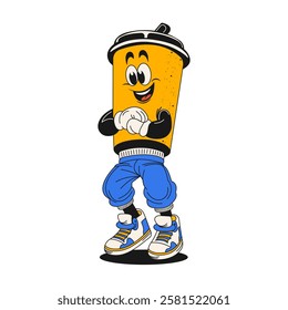 Animated coffee cup character in sneakers and blue pants with playful expression. Vector.