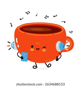 Animated Coffee Cup with headphones and smartphone enjoying the music on a white background.