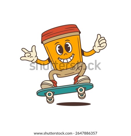 Animated coffee cup mascot riding a skateboard with a joyful expression, thumbs-up, and peace sign gestures. Dynamic and upbeat design perfect for marketing, social media, cafes. Vector illustration