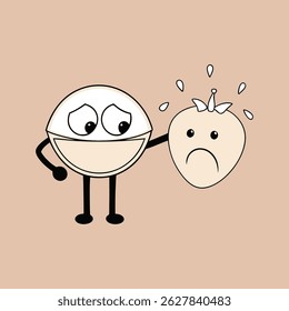 Animated cookie holding sad strawberry head illustration on light brown background