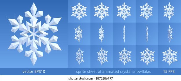 Animated Crystal Snowflake. Turning 3d Icon Of A Winter And Frost. Vector Sprite Sheet For GIF, Html, Flash Animation. Looped Frame Sequence. 15 FPS. Sparkling Pieces Of Snow On A Blue Background.