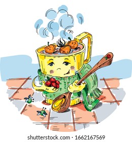 Animated cup of tea with wild rose and cranberries. A spoon of honey. Healthy food. Proper nutrition. Cartoon funny characters. Vector hand drawn illustration. Card
