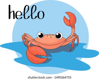 An animated and cute crab waving its claw on a blue background