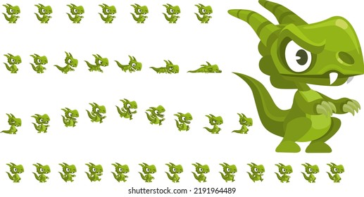 Animated cute  game character for creating adventure games.  Green cartoon dinosaur with horns