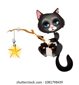 Animated cute gray cat catching with a fishing rod a gold star isolated on a white background. Vector cartoon close-up illustration.