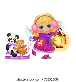 Animated cute little girl with curly blonde hair in winter clothes with angel wings ride on a sled your toys isolated on a white background. Vector cartoon close-up illustration.