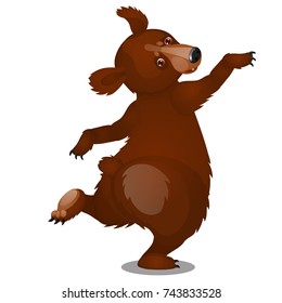 Animated dancing brown bear isolated on white background. Vector cartoon close-up illustration.