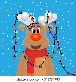 Animated Deer In A Scarf. Christmas Lights Wound Around Reindeer Horns, In The Background Snow Falls