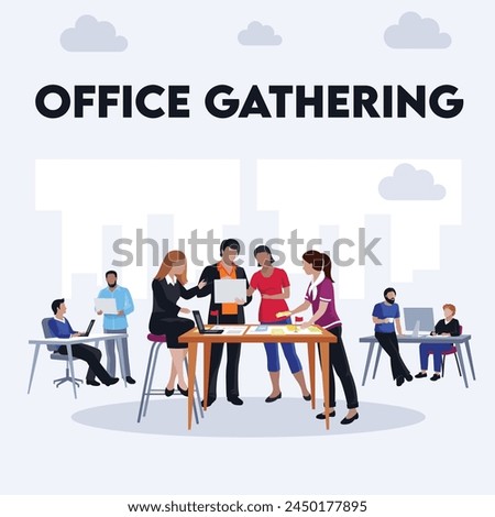 It’s an animated depiction of a lively office environment where professionals are engaged in a collaborative meeting or discussion.