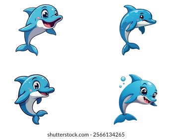 Animated dolphins with various poses and expressions for marine and fun-themed projects