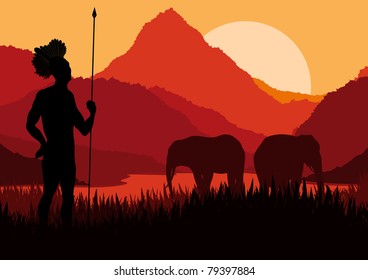 Animated elephant family and native hunter in wild nature landscape illustration