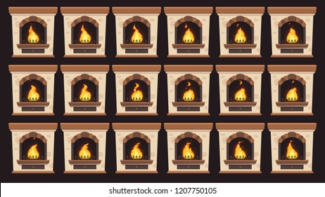 Animiertes Feuer im Kamin. Flammen-Animation im Retro-Haus Holz brennende Kamine einzelne Vektor Cartoon Rahmen gesetzt. Retro-Herd, Kamin und Brennholz