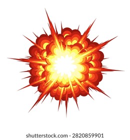 Animated fireball explosion radiating flames and sparks on white,