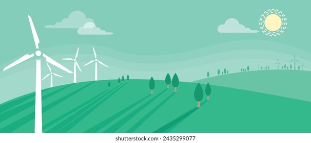 Animated flat wind turbines in natural green hills landscape Vector Silhouette Style Wind Turbine Towers Spinning and Generating Renewable  Energy. Windmills Energy Power industrial animation design.