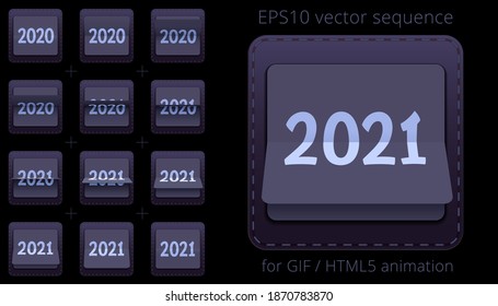 Animated Flip Calendar From 2020 To 2021. Black And Silver Date Flipper For Announcing New Year's Events. 3D Vector Icon Of Counter. Sequence For GIF, HTML Or Flash Animation. 12 FPS Sprite Sheet.