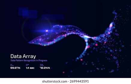 Animated flow of glowing 3D particles assembling into a solid geometric form against a blue space-like background. Data structure, network technology, and innovation. Abstract technology background